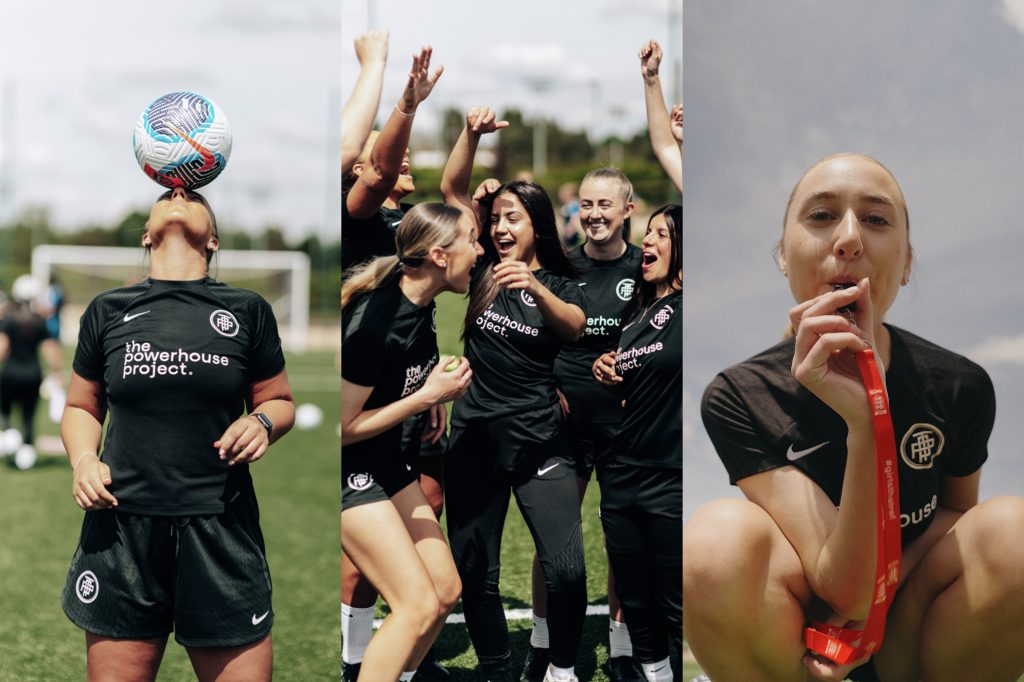 Collage of images from the Powerhouse Project, featuring a group celebrating on the pitch, female athletes demonstrating skill moves, and a girl blowing her whistle towards the camera.
